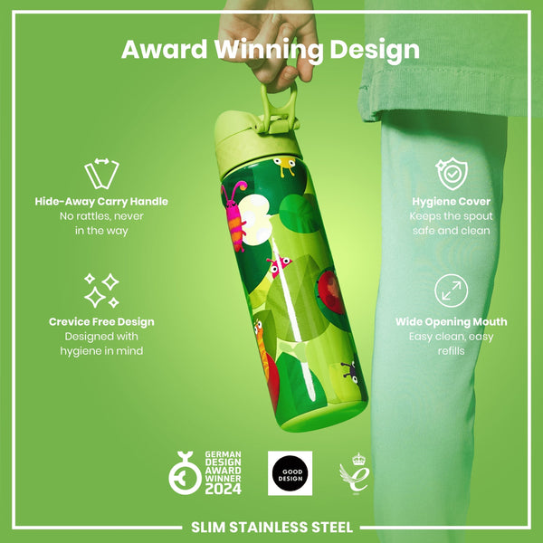 A child's water bottle, featuring a carrying handle and insect illustrations, is being held against a green background. The bottle is described as award-winning, with a crevice-free design and a wide opening. The text also mentions a hide-away handle and hygiene cover.