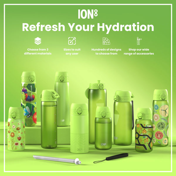 Several green ION8 water bottles of varying sizes and designs are displayed on a green surface. They are shown alongside accessories. Refresh Your Hydration. Choose from 3 different materials. Sizes to suit any user. Hundreds of designs to choose from. Shop our wide range of accessories.