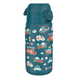 A teal water bottle, featuring a pattern of rescue vehicles, stands on a white background. The bottle has a flip-top lid. The word 