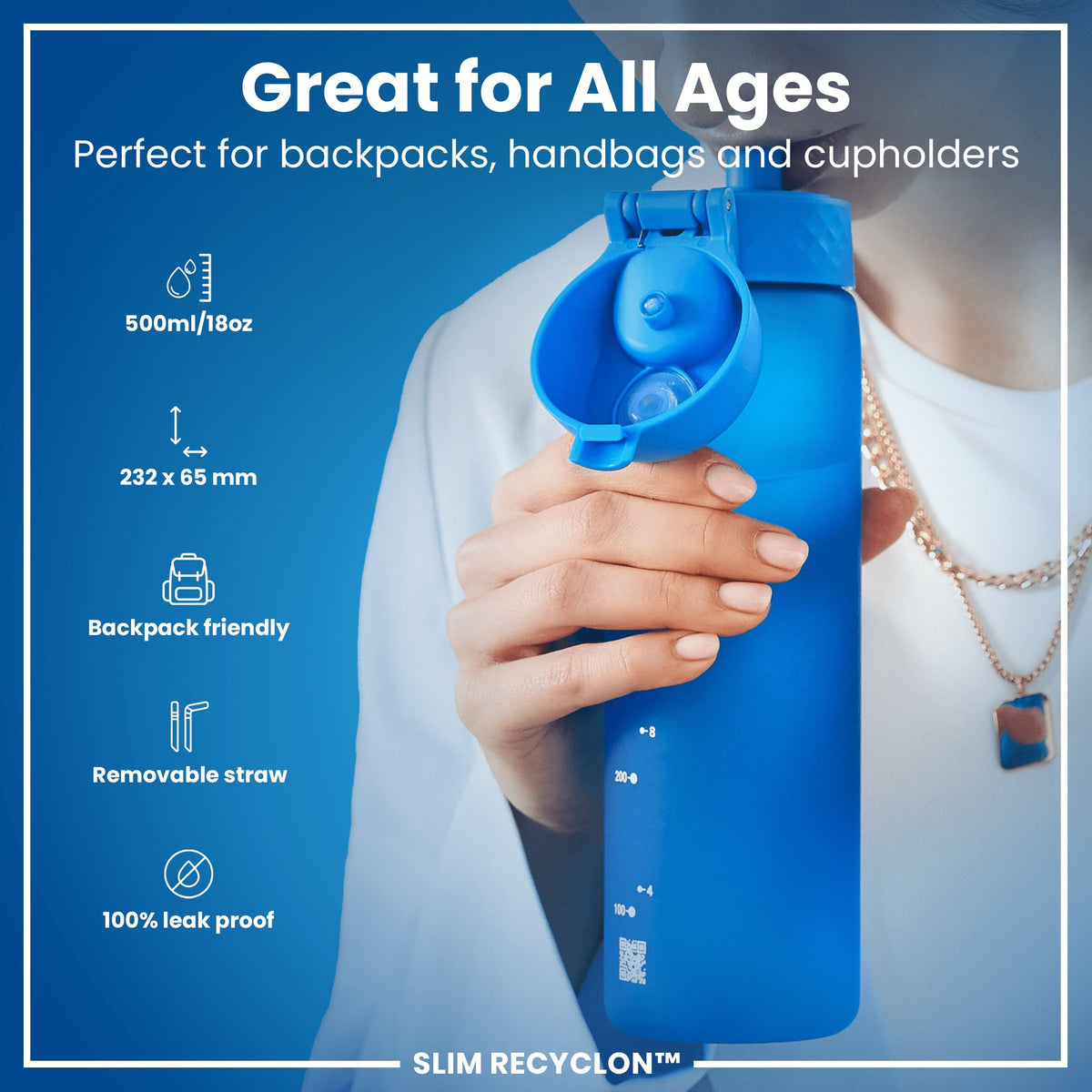 Recyclon Wasserflasche mit Trinkhalm, Blau, 500 ml