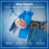 A blue water bottle is held; its flip top opens one-handed. A person, wearing a light blue jacket and jeans, holds it. 