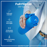 A blue water bottle with a full flip lid is being held; the lid opens 240 degrees. The context is an advertisement highlighting the bottle's features. SLIM RECYCLON™ is also shown.