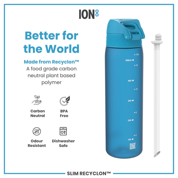 A blue water bottle sits beside a straw; it’s made from a plant-based polymer and is dishwasher safe. The bottle displays volume markings in milliliters and ounces. ION8 and Recyclon™ are also mentioned.