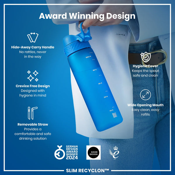 A blue water bottle is being held; it has a hide-away handle, removable straw, and wide mouth. Award-winning design features include crevice-free construction and a hygiene cover. The bottle is labeled "SLIM RECYCLON™".