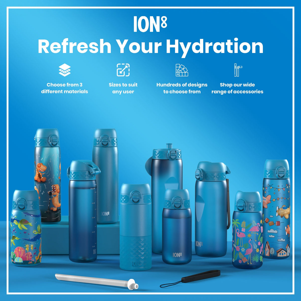 Several blue water bottles, varying in size and design, are displayed on a blue surface. Some bottles feature child-friendly designs. Accompanying text advertises the bottles, highlighting material options, sizes, designs, and accessories.