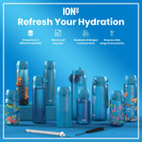 Several blue water bottles, varying in size and design, are displayed on a blue surface. Some bottles feature child-friendly designs. Accompanying text advertises the bottles, highlighting material options, sizes, designs, and accessories.