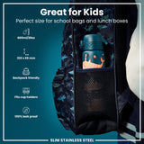 A teal water bottle, fitting in a backpack's mesh pocket, is shown against a teal background. 