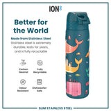 A teal stainless steel water bottle, featuring a whimsical ocean design, sits against a white background. The bottle is described as carbon neutral, fully recyclable, odour resistant, and dishwasher safe.