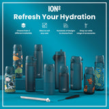 Several teal water bottles, some with illustrated designs, are arranged on a teal surface. The bottles vary in size and design; some are plain, others feature whimsical drawings. A straw and a carrying strap are also shown. 