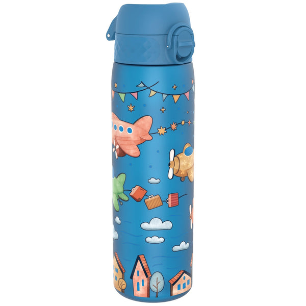 A blue water bottle, featuring cartoon airplanes and houses, sits against a white background.
