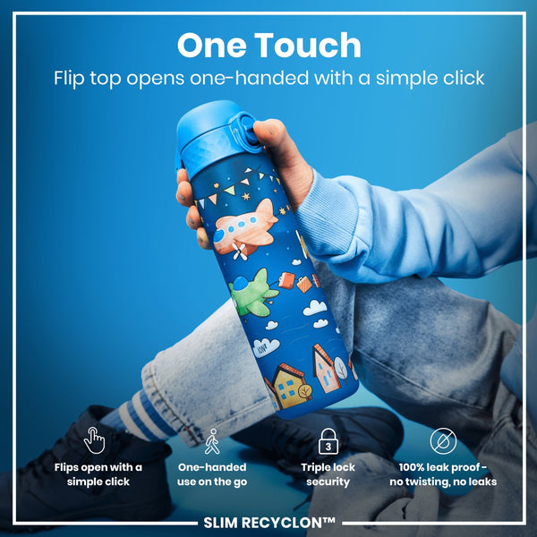 A blue water bottle, with a cartoon airplane design, is being held. Its flip top is opened one-handed. The context is a promotional image against a solid blue background. One Touch. Flip top opens one-handed with a simple click. SLIM RECYCLON™.