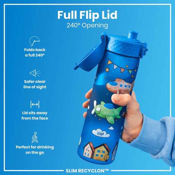 A blue water bottle, featuring airplane and house graphics, is held; its full flip lid opens 240°. The bottle is shown against a solid blue background. The text reads: "Full Flip Lid 240° Opening," "Folds back a full 240°," "Safer clear line of sight," "Lid sits away from the face," "Perfect for drinking on the go," "ION8," "SLIM RECYCLON™".