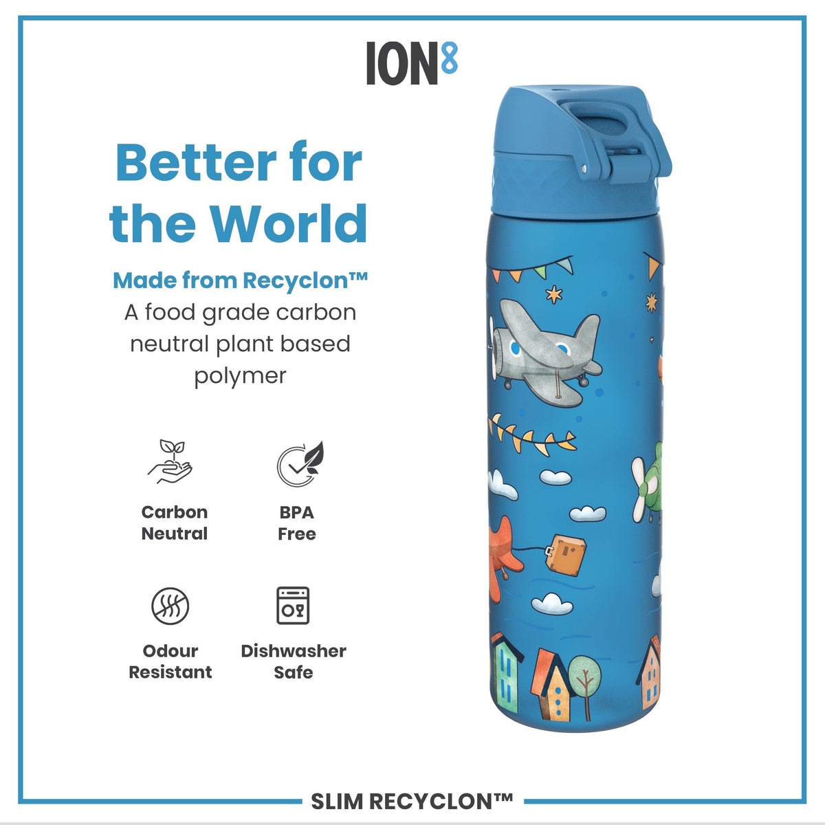 A blue water bottle, featuring a cartoon airplane design, sits against a white background. It is made from a plant-based polymer, is BPA-free, odor-resistant, and dishwasher-safe. The text also states it's carbon neutral.
