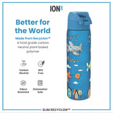 A blue water bottle, featuring a cartoon airplane design, sits against a white background. It is made from a plant-based polymer, is BPA-free, odor-resistant, and dishwasher-safe. The text also states it's carbon neutral.