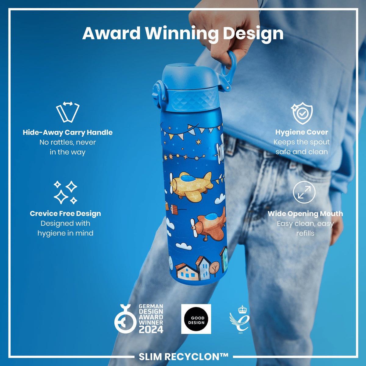 A blue water bottle with airplane graphics is being held. Its features include a hide-away handle, hygiene cover, and wide mouth. It's an award-winning design.