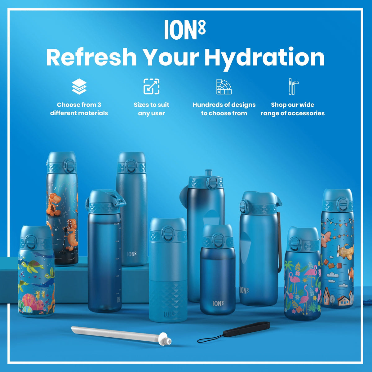 Several blue water bottles, various sizes and designs, are displayed on a blue surface. Accessories are shown nearby. The text reads "ION8 Refresh Your Hydration," with details on materials, sizes, designs, and accessories available.