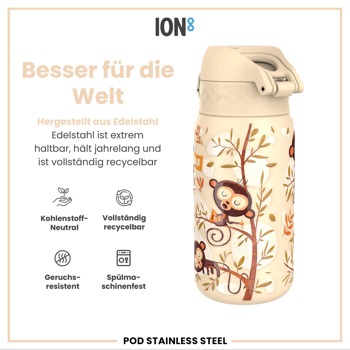 Leichte Edelstahl-Wasserflasche, Affen, 400 ml