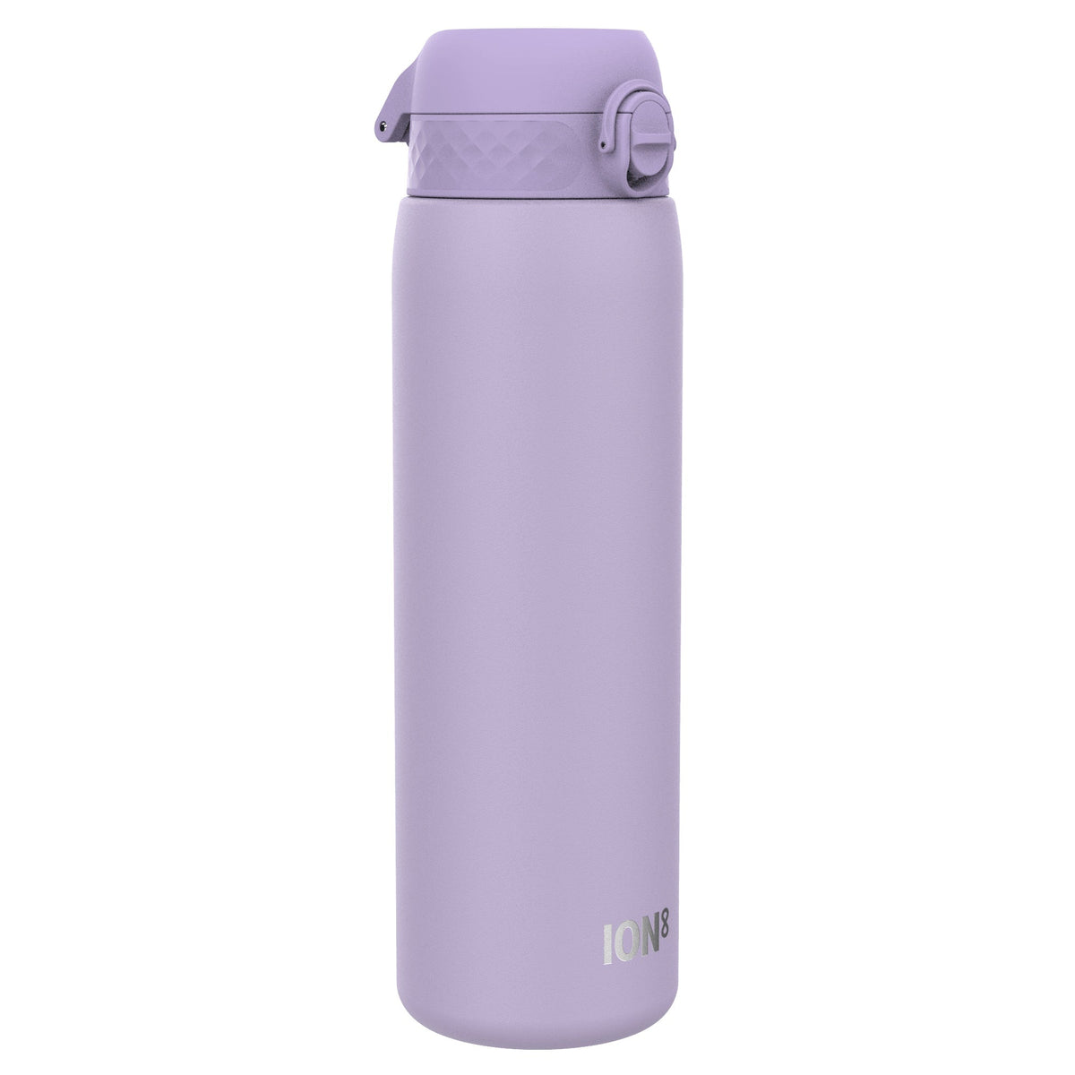 A lavender water bottle stands upright against a white background. The bottle has a textured lid with a flip-top. The brand "ION8" is visible near the bottom.