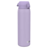 A lavender water bottle stands upright against a white background. The bottle has a textured lid with a flip-top. The brand 