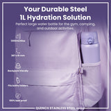 A lavender steel water bottle fits inside a purple backpack's side pocket. It's 1200ml/40oz, 287 x 81 mm, backpack friendly, fits bottle holders, and is 100% leak proof. The brand is Quench Stainless Steel.