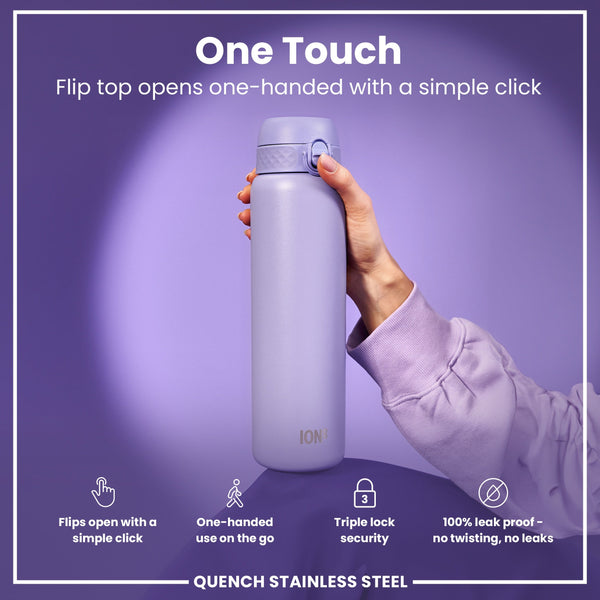 A lavender stainless steel water bottle is being held; its flip top opens with a single click. The bottle is shown against a purple background, advertising one-handed use, triple lock security, and a leak-proof design.