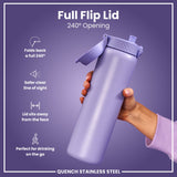 A lavender stainless steel water bottle is held, its flip lid open at a 240° angle. The design promotes a clear line of sight and keeps the lid away from the face, ideal for on-the-go use. 