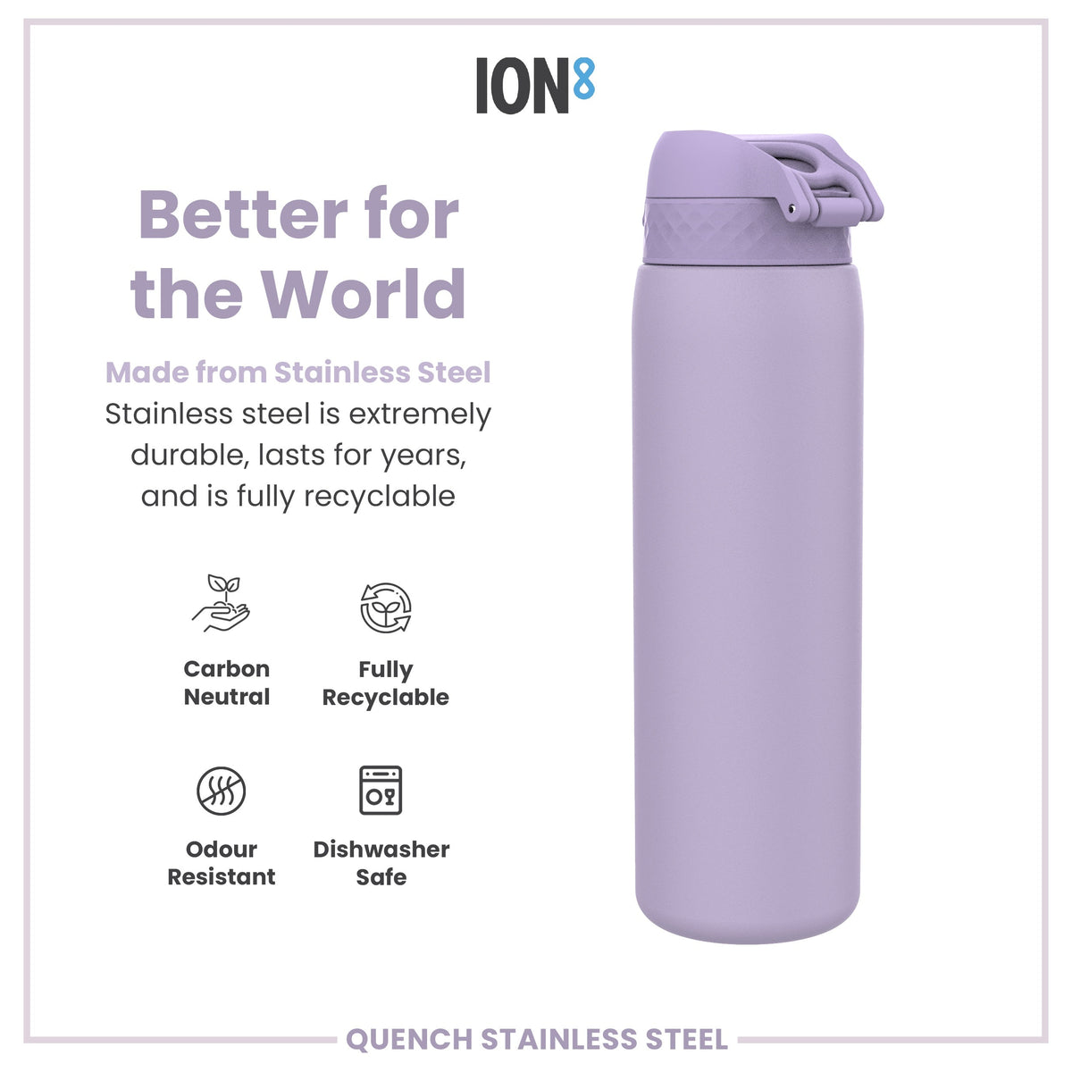 A lavender stainless steel water bottle sits on a white background; it is made from recyclable, durable material and is dishwasher safe.