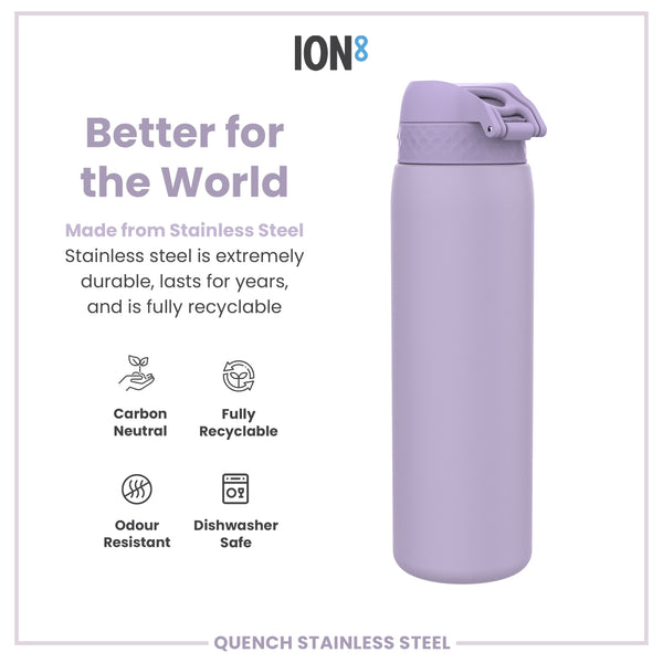 A lavender stainless steel water bottle sits on a white background; it is made from recyclable, durable material and is dishwasher safe.