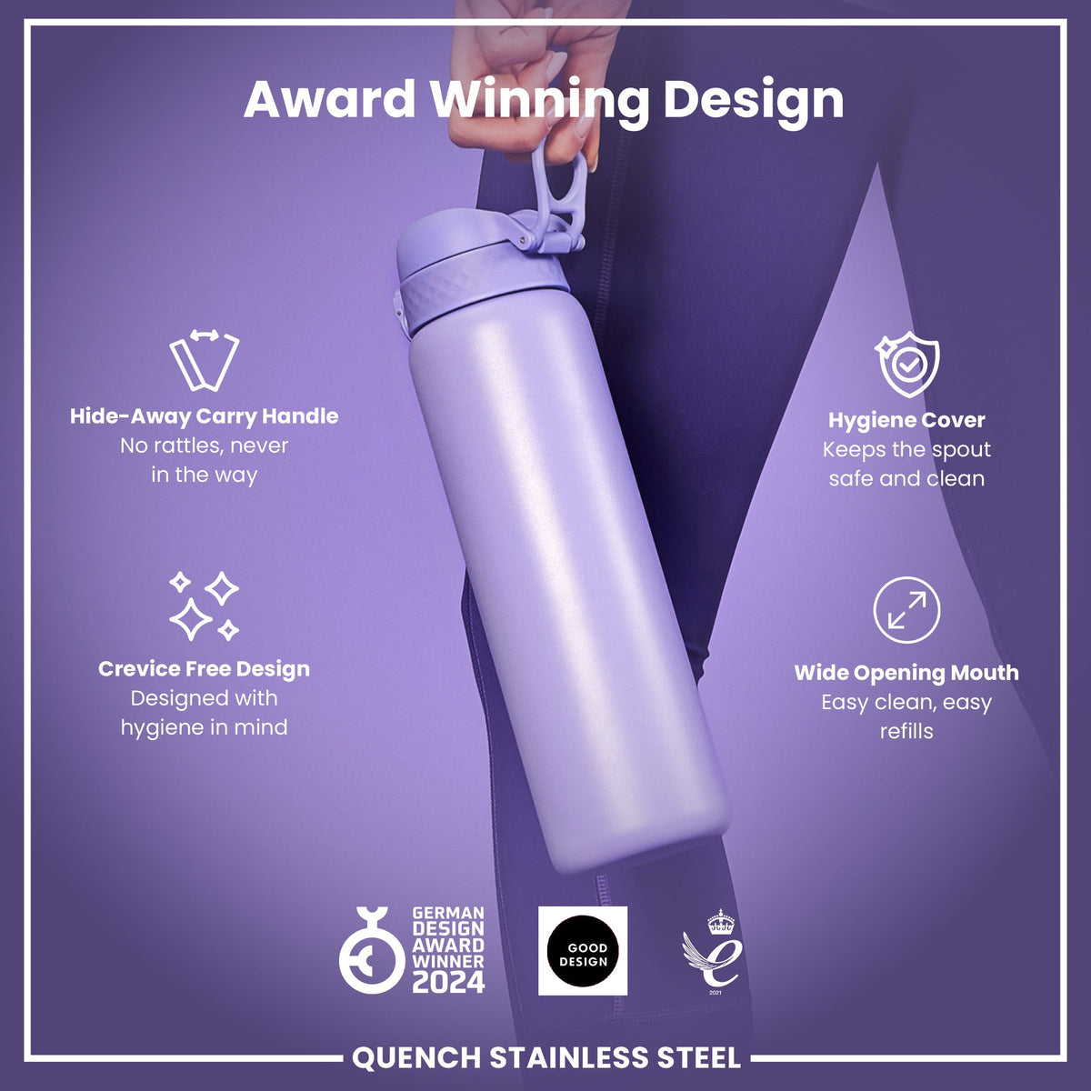 A lavender stainless steel water bottle is held; its features include a hideaway handle, hygiene cover, and wide mouth. The bottle is an award-winning design.