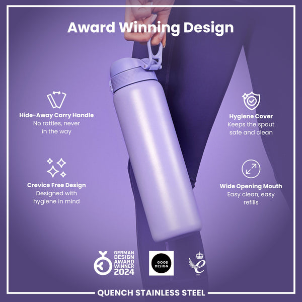 A lavender stainless steel water bottle is held; its features include a hideaway handle, hygiene cover, and wide mouth. The bottle is an award-winning design.