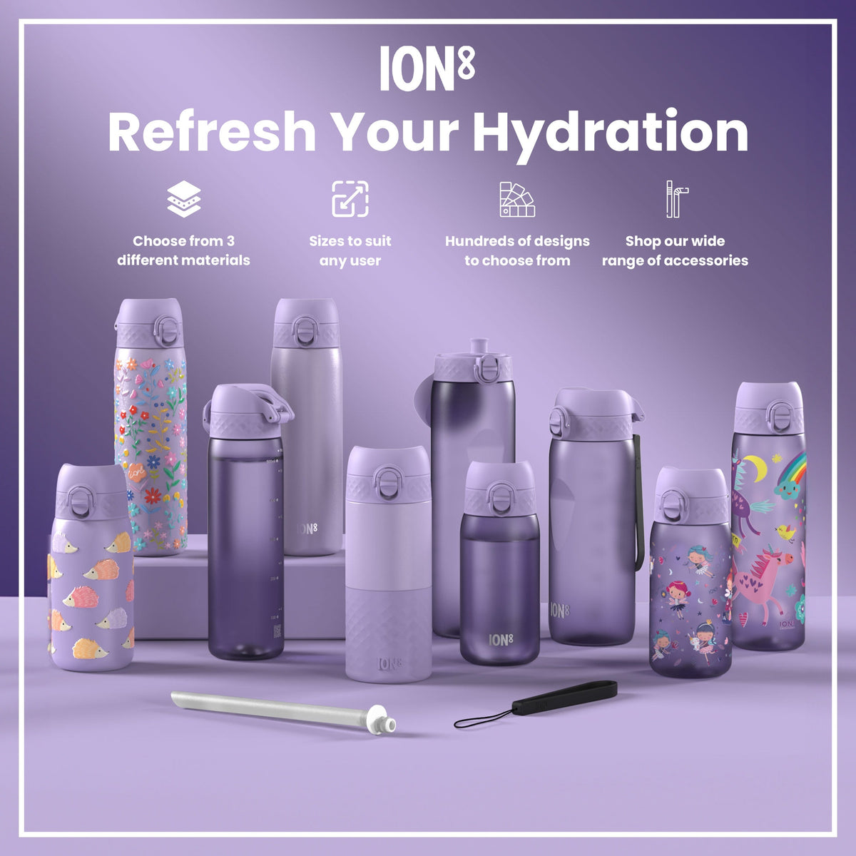 Several purple water bottles, of varying sizes and designs, are displayed on a lavender surface. They showcase different materials and styles. The context is an advertisement promoting hydration.