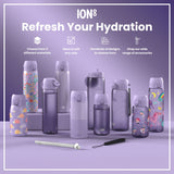 Several purple water bottles, of varying sizes and designs, are displayed on a lavender surface. They showcase different materials and styles. The context is an advertisement promoting hydration.