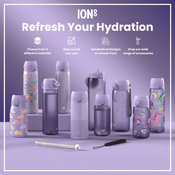 Several purple water bottles, of varying sizes and designs, are displayed on a lavender surface. They showcase different materials and styles. The context is an advertisement promoting hydration.