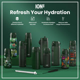 Several ION8 water bottles, in various sizes and designs, are displayed on a green surface. Accessories are also shown. Choose from 3 different materials; sizes suit any user; hundreds of designs to choose from; shop our wide range of accessories.