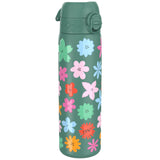 A teal water bottle, adorned with colorful flowers, stands against a white background. The bottle features a hinged lid. The word 