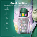 A green, flower-decorated water bottle fits inside a pastel purple backpack's mesh pocket. It's 232 x 65 mm, 600ml/20oz, backpack and cup holder friendly, and leakproof.