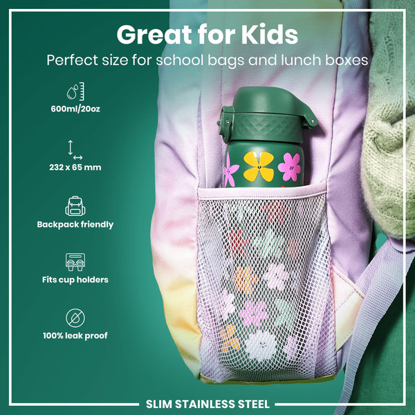 A green, flower-decorated water bottle fits inside a pastel purple backpack's mesh pocket. It's 232 x 65 mm, 600ml/20oz, backpack and cup holder friendly, and leakproof.