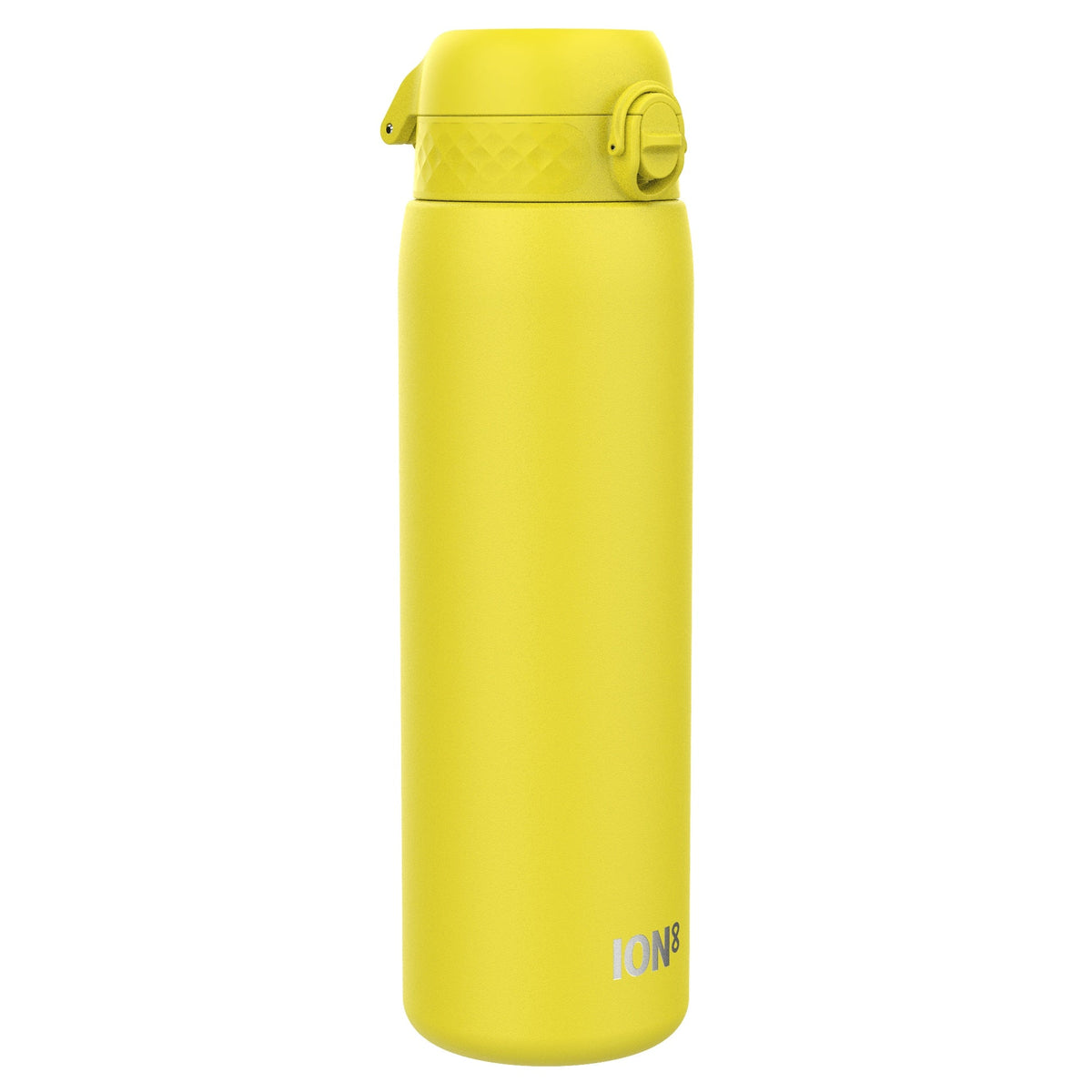 A yellow ION8 water bottle stands upright against a white background. The bottle has a textured lid with a flip-top mechanism.