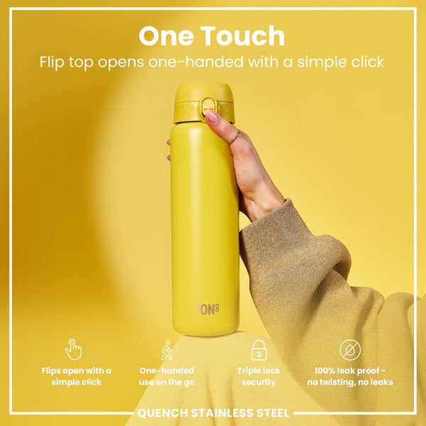 A yellow stainless steel water bottle is held; its flip top opens one-handed via a simple click. The bottle features a triple lock security mechanism and is 100% leakproof. It is showcased against a yellow background.