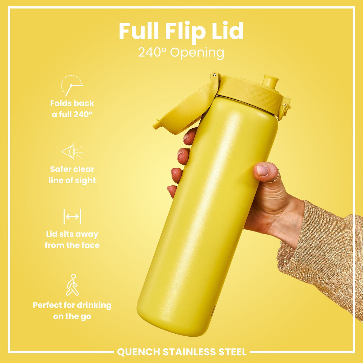A yellow stainless steel water bottle is held; its lid flips open 240 degrees. The bottle is shown against a yellow background with text describing its features.