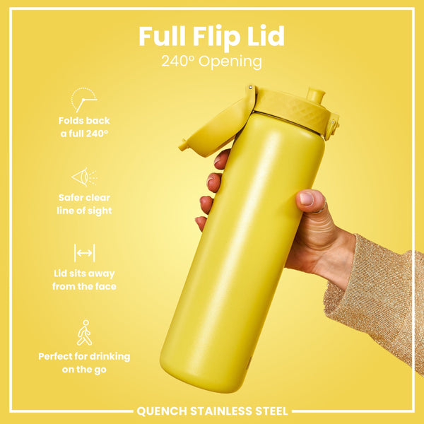 A yellow stainless steel water bottle is held; its lid flips open 240 degrees. The bottle is shown against a yellow background with text describing its features.