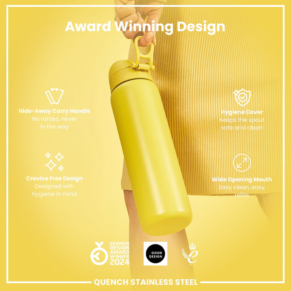 A yellow, stainless steel water bottle is being held. Its features include a hide-away handle, hygiene cover, and wide mouth. The bottle is an award-winning design.