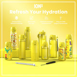 Yellow ION8 water bottles of various sizes and designs are displayed on a yellow surface; accessories are also shown. Refresh Your Hydration. Choose from 3 different materials. Sizes to suit any user. Hundreds of designs to choose from. Shop our wide range of accessories.