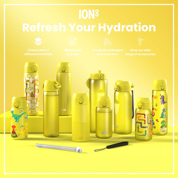 Yellow ION8 water bottles of various sizes and designs are displayed on a yellow surface; accessories are also shown. Refresh Your Hydration. Choose from 3 different materials. Sizes to suit any user. Hundreds of designs to choose from. Shop our wide range of accessories.