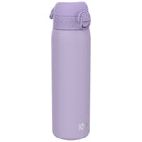 A lavender water bottle stands upright against a white background. The bottle features a textured lid and the brand name 