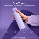 A lavender stainless steel water bottle is held; its flip top opens one-handed. The bottle features a triple lock security mechanism and is advertised as 100% leakproof.