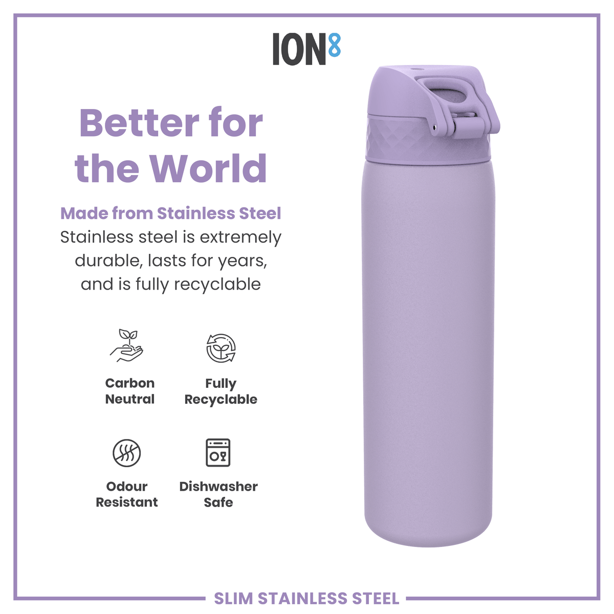 A lavender stainless steel water bottle sits on a white background; its features are highlighted with text describing its durability, recyclability, and other qualities.