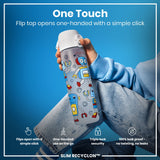 A water bottle with a flip top and robot design is being held; its lid opens one-handed. The bottle is shown against a blue background. 