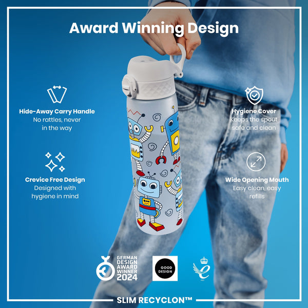 A water bottle, with a handle and robot design, is being held; it features a hide-away handle, crevice-free design, hygiene cover, and wide mouth. The bottle is an award-winning design (German Design Award Winner 2024, Good Design).