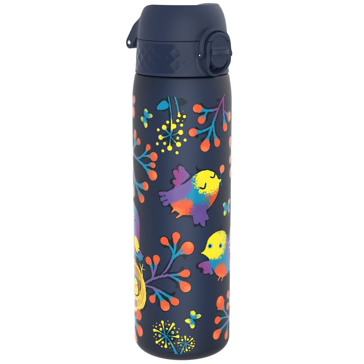 A navy blue water bottle, featuring a colorful bird and floral design, stands upright against a white background.
